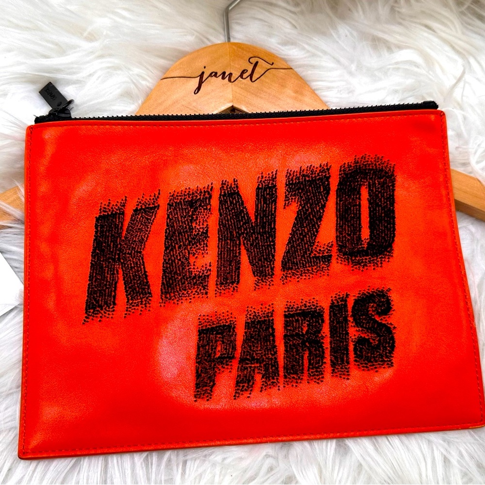 KENZO Paris Clutch LOGO Pouch LEATHER orange
